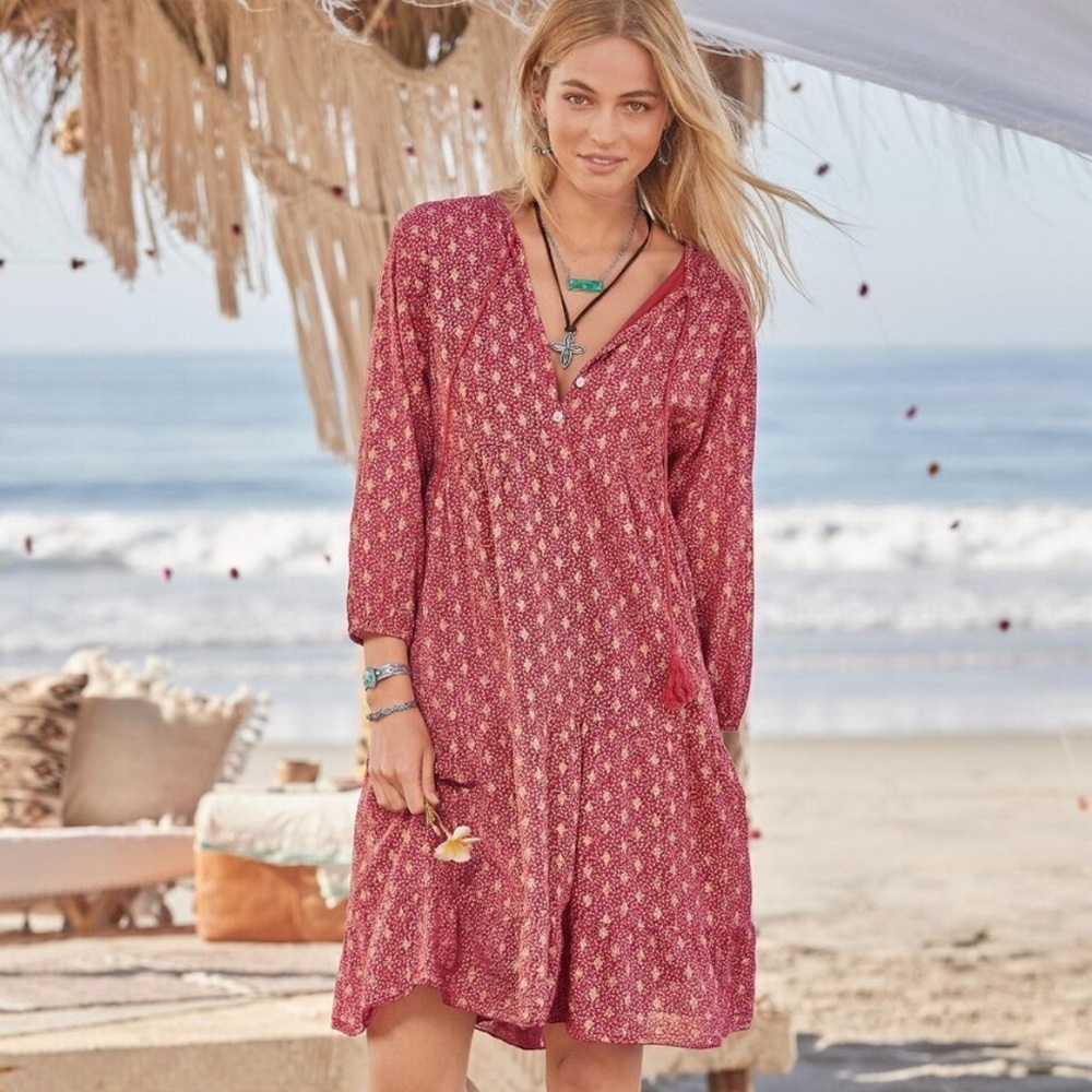 Scandal Italy X Sundance Ordell Pink/Gold Boho Tiered Dress Size Large - Picture 1 of 8